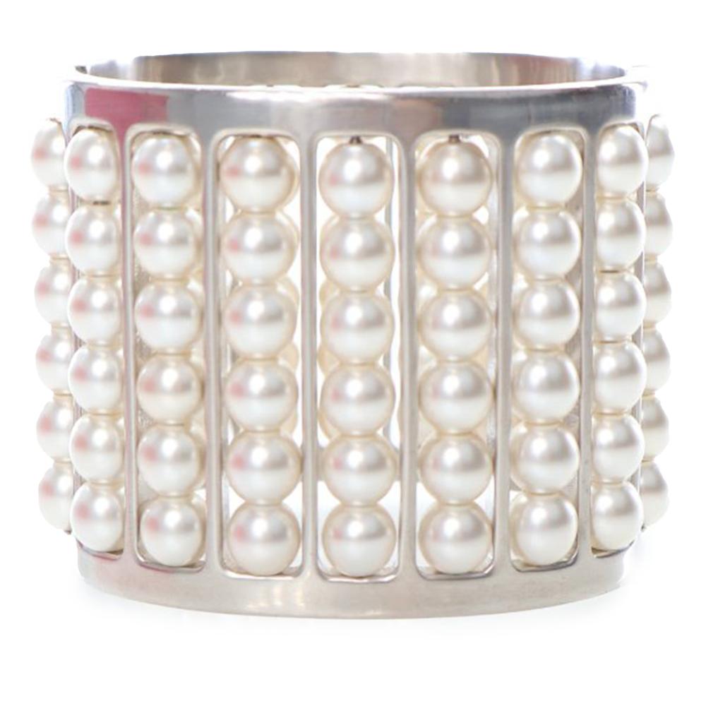 Chanel AB Chanel Silver with White Pearl Silver Plated Metal Wide Pearl Cuff Bracelet France