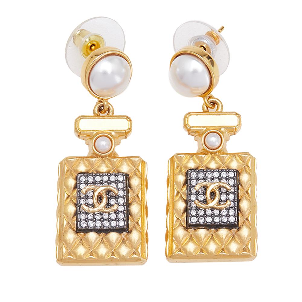 Chanel Gold Gold Plated and Faux Pearl Crystal CC Perfume Bottle Drop Push Back Earrings France