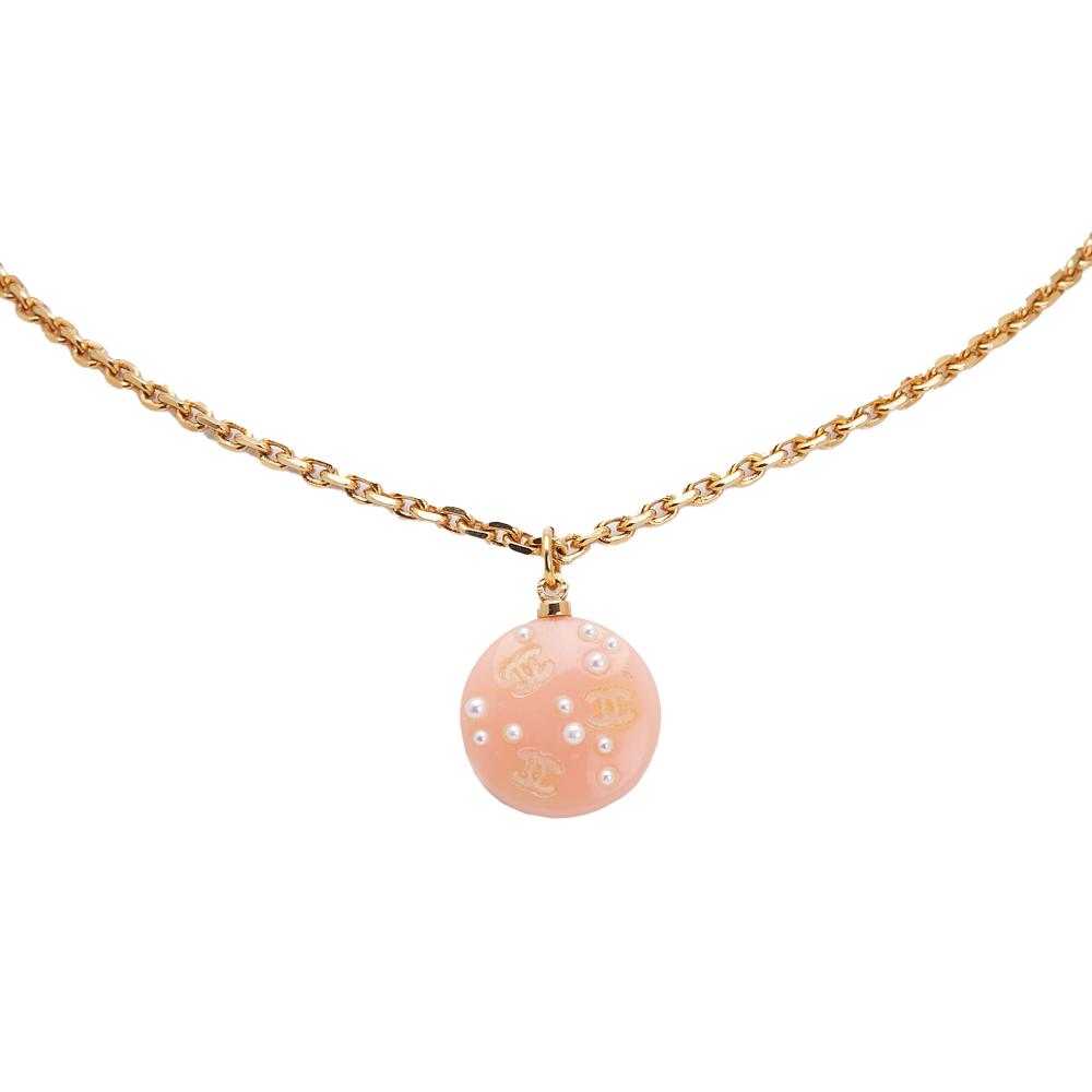 Chanel B Chanel Pink with Gold Resin Plastic CC Faux Pearl Pendant Necklace France