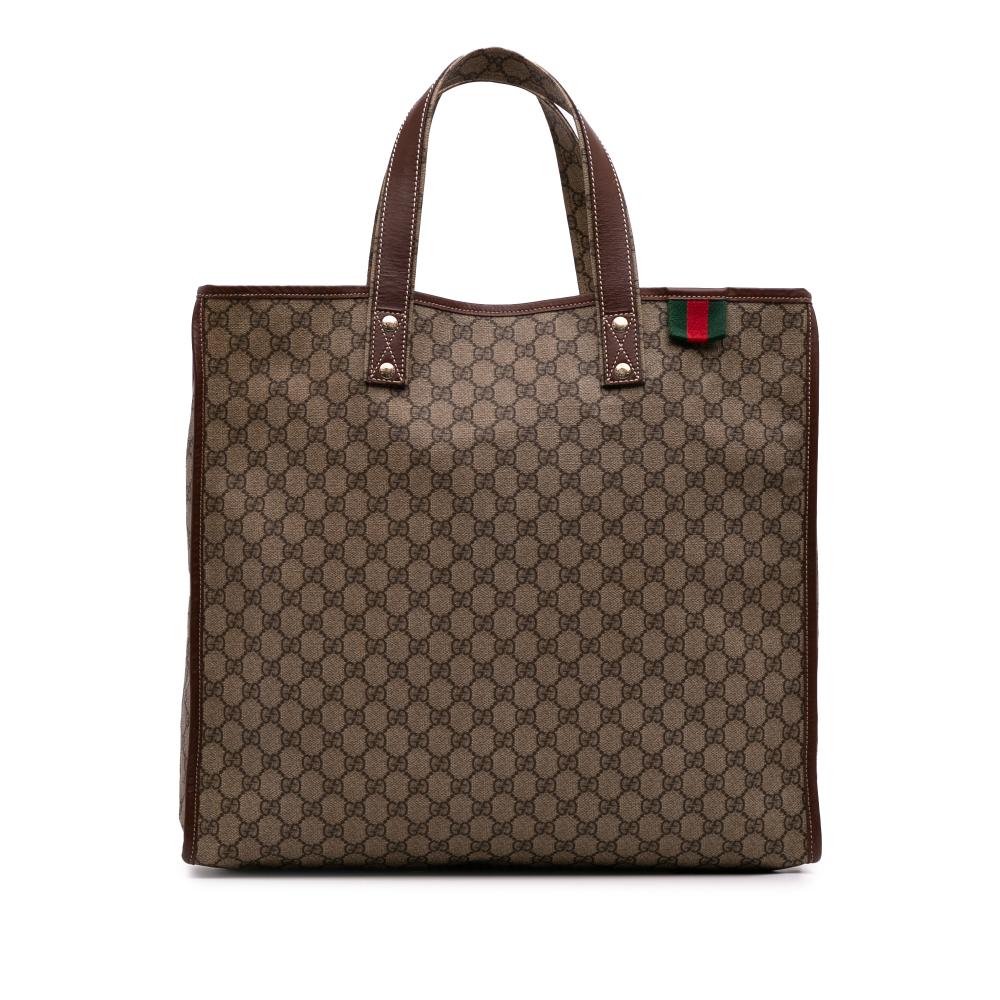 Gucci B Gucci Brown Beige Coated Canvas Fabric Large GG Supreme Web Loop Tote Italy