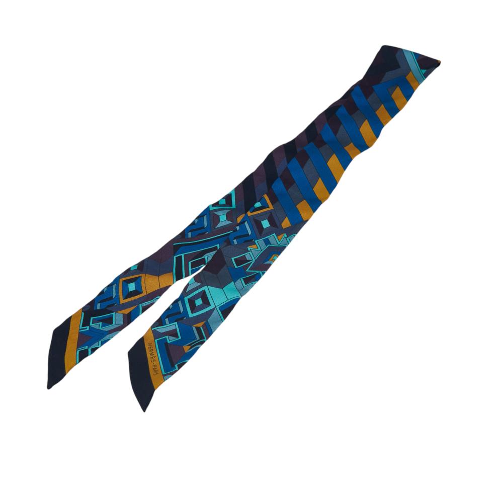 Hermès A Hermès Blue Dark Blue with Multi Silk Fabric Le Fil d'Ariane Twilly Scarf France