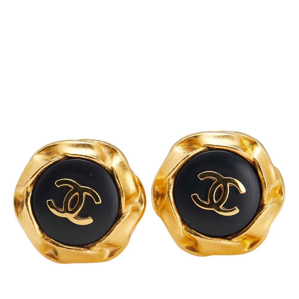 Chanel B Chanel Gold Gold Plated Metal and Acrylic CC Hexagon Clip On Earrings France