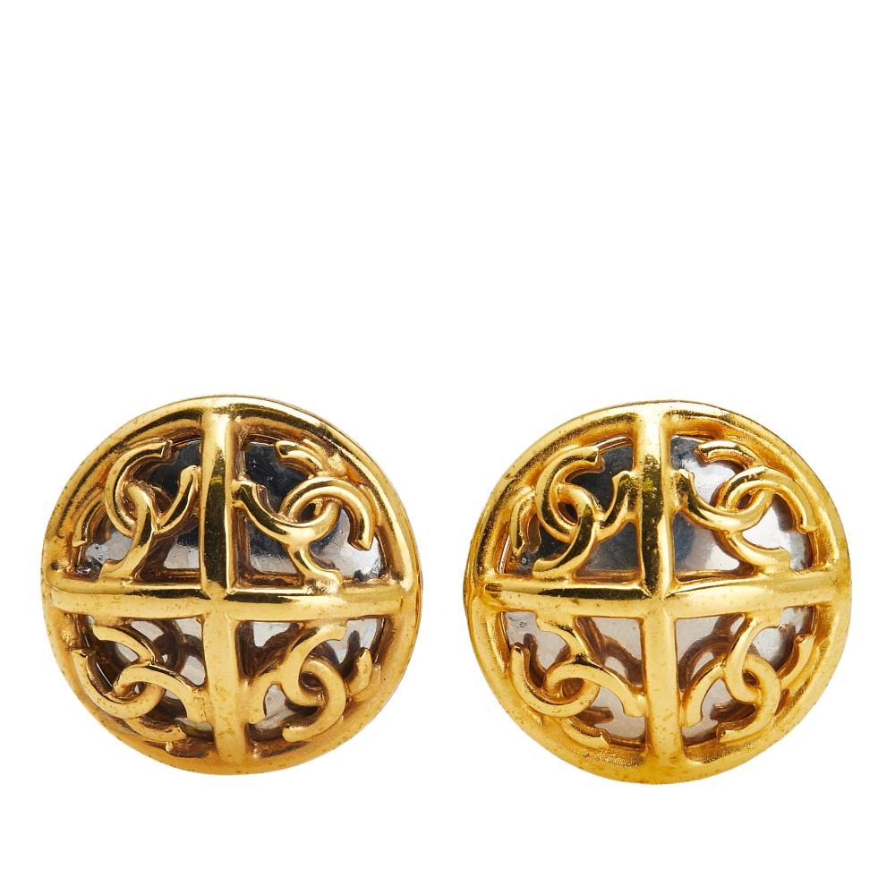 Chanel B Chanel Gold Gold Plated Metal and Silver Plated CC Round Clip On Earrings France