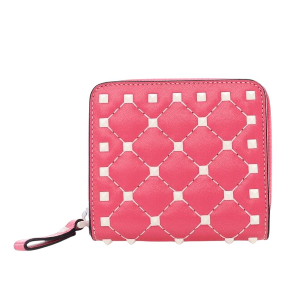 Valentino Pink Lambskin Free Rockstud Spike Compact Zip Around Wallet Italy