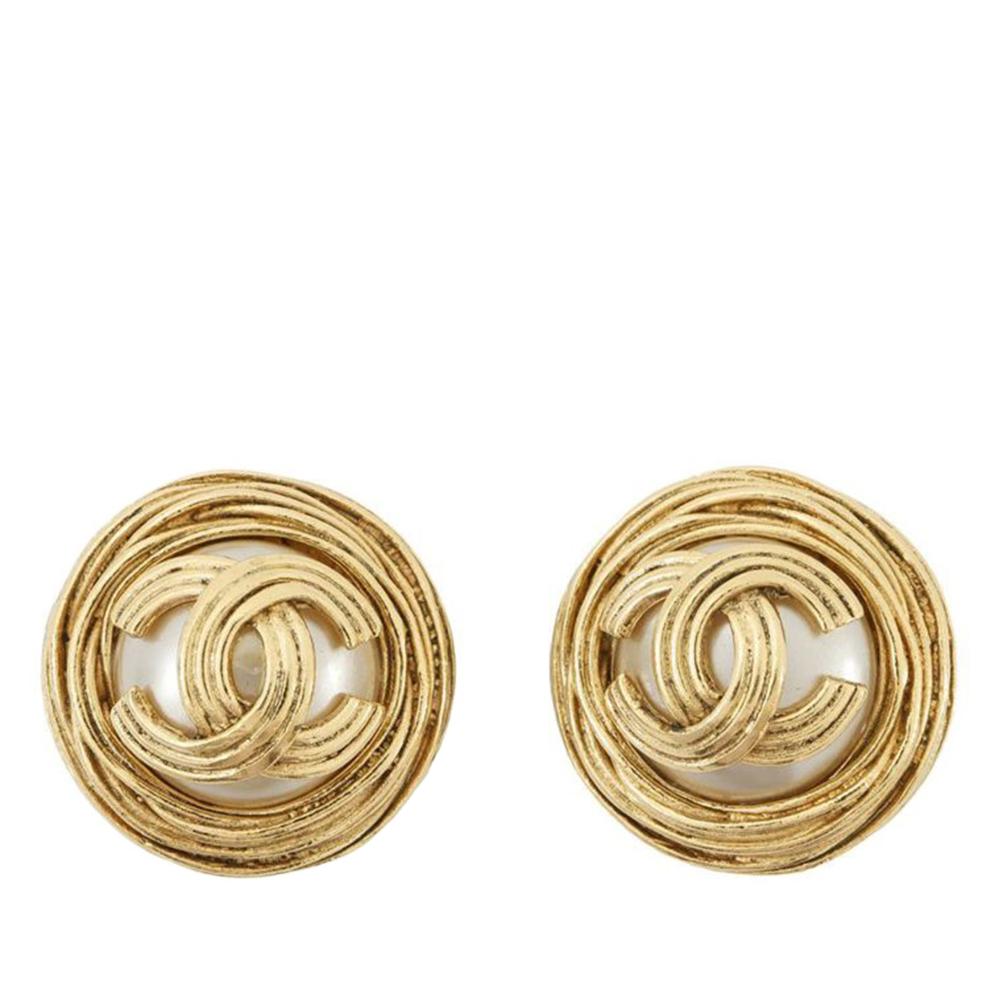 Chanel AB Chanel Gold with White Pearl Gold Plated Metal CC Faux Pearl Round Clip on Earrings France