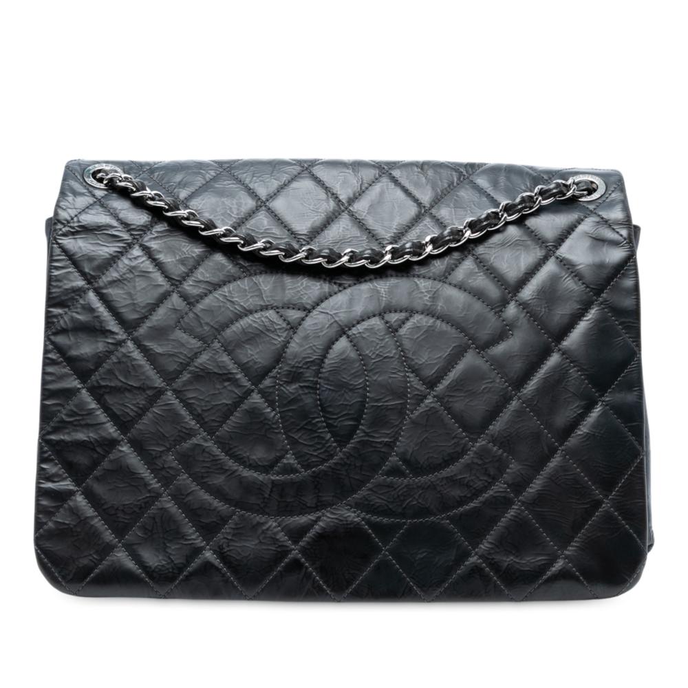 Chanel B Chanel Black Calf Leather XL CC Glazed Quilted skin Single Flap Italy