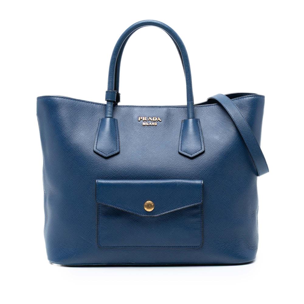 Prada B Prada Blue Saffiano Leather Cuir Front Pocket Convertible Tote Italy
