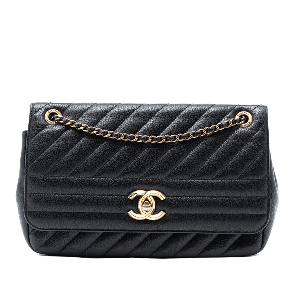 Chanel AB Chanel Black Goatskin Leather Medium Diagonal Quilted Flap Italy