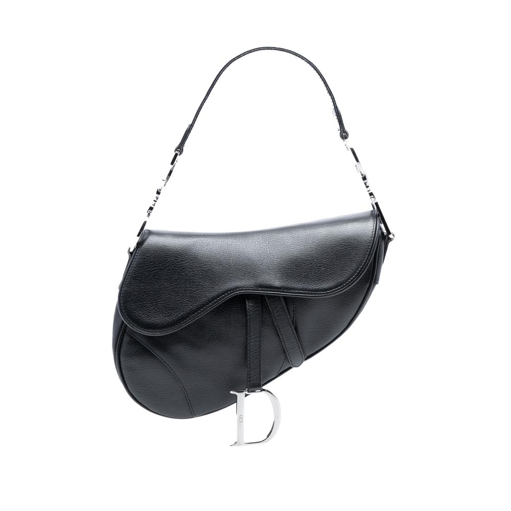 Christian Dior B Dior Black Goatskin Leather Shiny Saddle Bag Italy