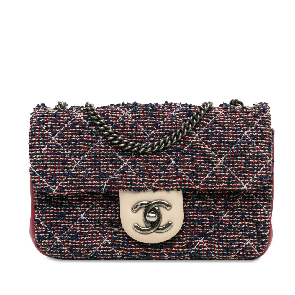 Chanel B Chanel Blue Navy with Red Tweed Fabric CC Quilted Single Flap Italy
