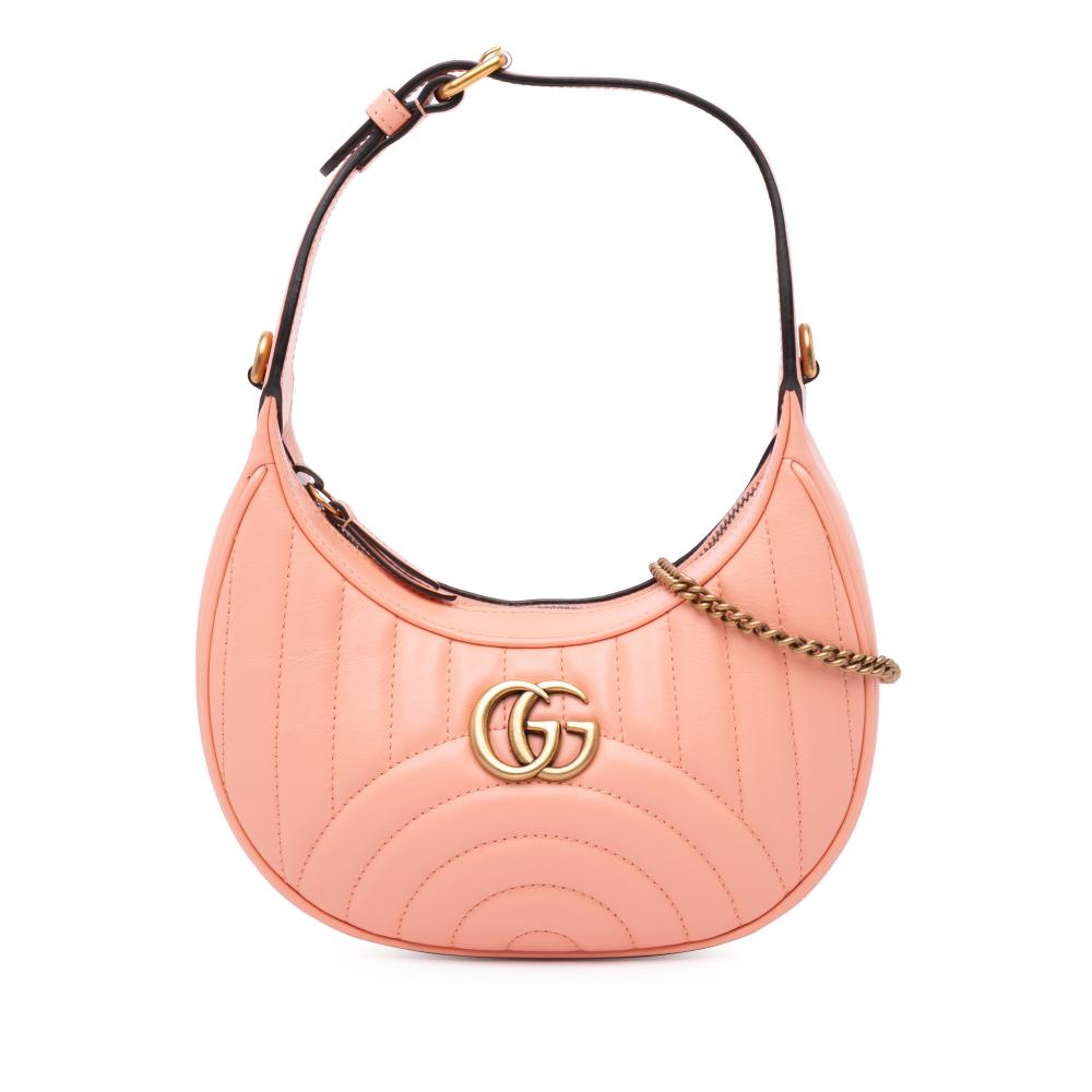 Gucci AB Gucci Pink Calf Leather Mini Matelasse GG Marmont Half Moon Hobo Italy