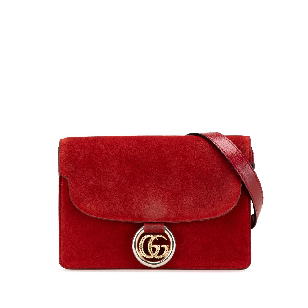 Gucci B Gucci Red Suede Leather Small GG Ring Torchon Crossbody Italy