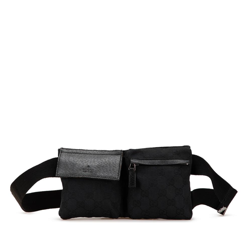 Gucci B Gucci Black Canvas Fabric GG Double Pocket Belt Bag Italy