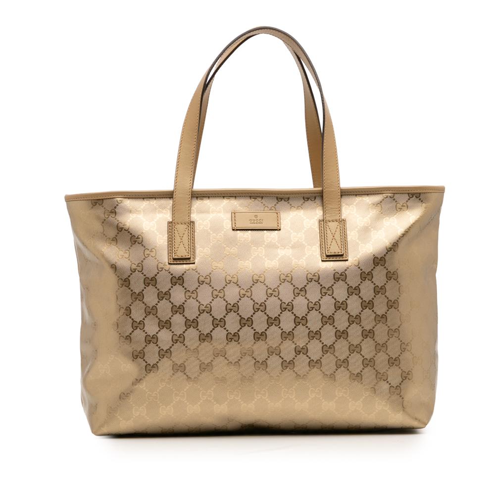 Gucci B Gucci Gold Coated Canvas Fabric Medium GG Imprime Tote Italy