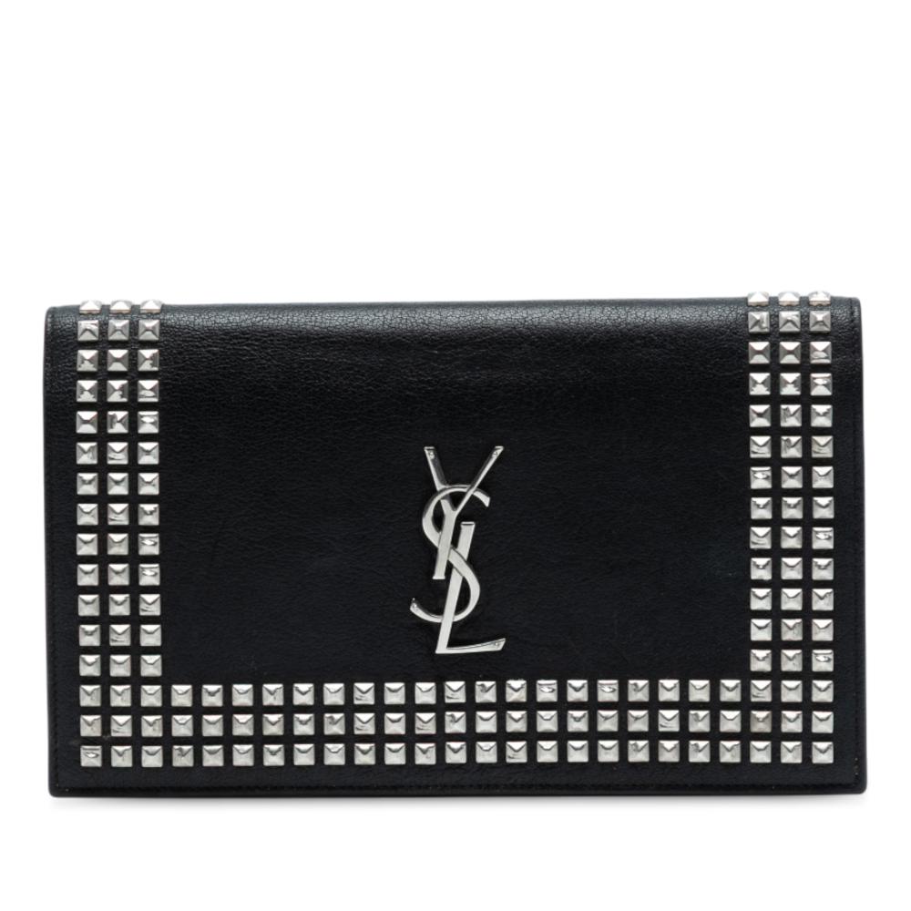 Saint Laurent AB Saint Laurent Black Calf Leather Studded Monogram Clutch Italy
