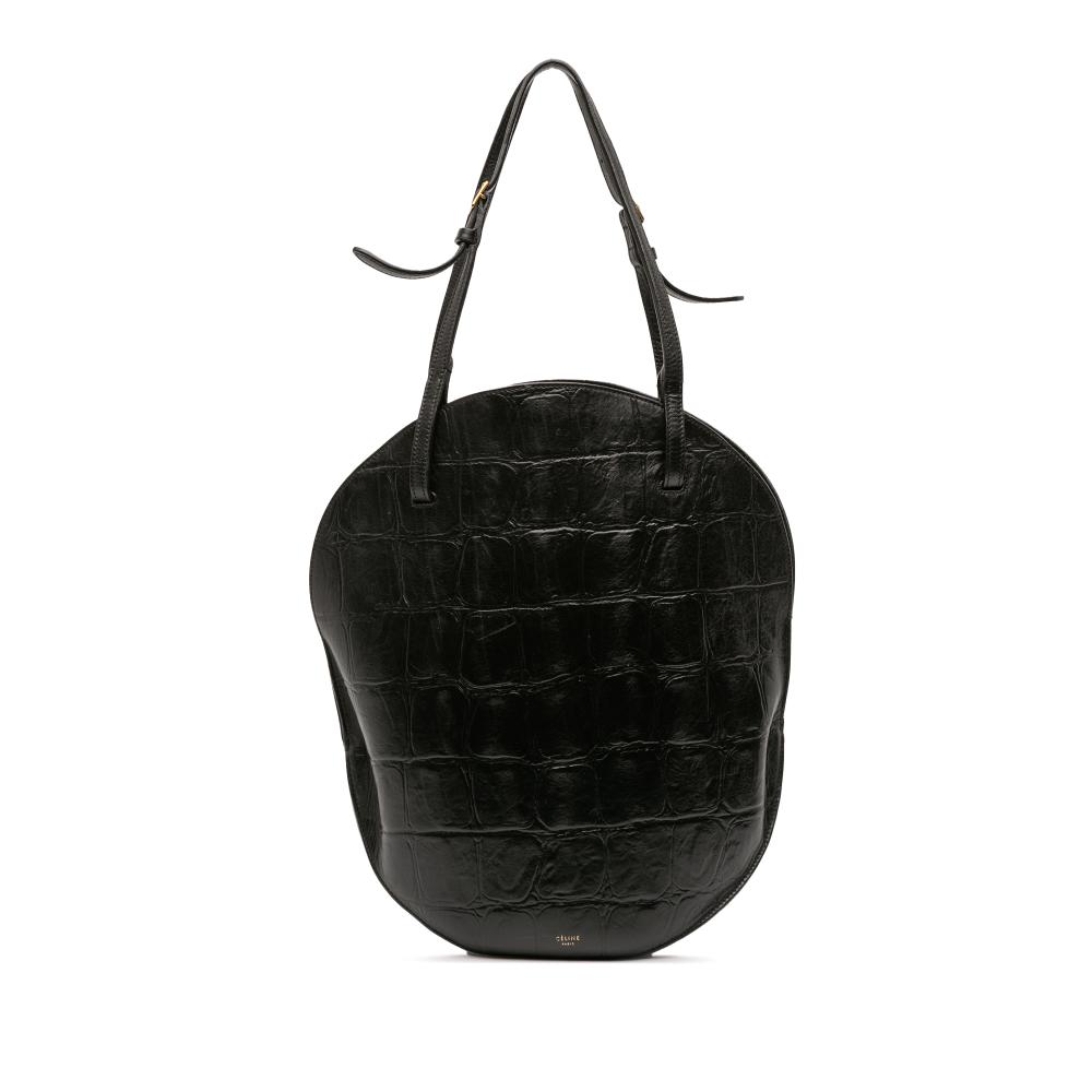 Celine B Celine Black Calf Leather Croc Embossed Curved Shoulder Bag Italy