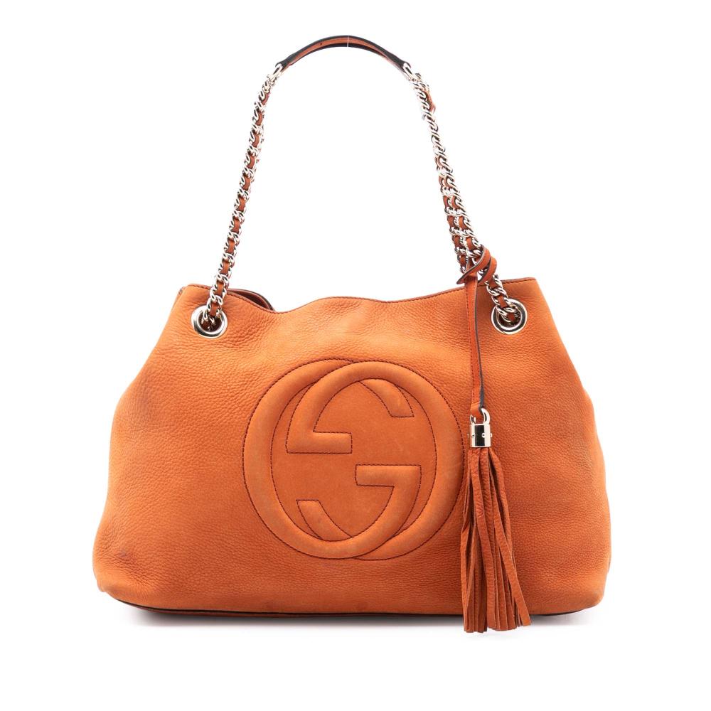 Gucci B Gucci Orange Nubuck Leather Leather Medium Soho Chain Tote Italy