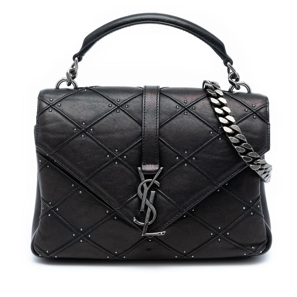 Saint Laurent Medium Quilted Diamond Iridescent Calfskin Monogram Studded College Satchel