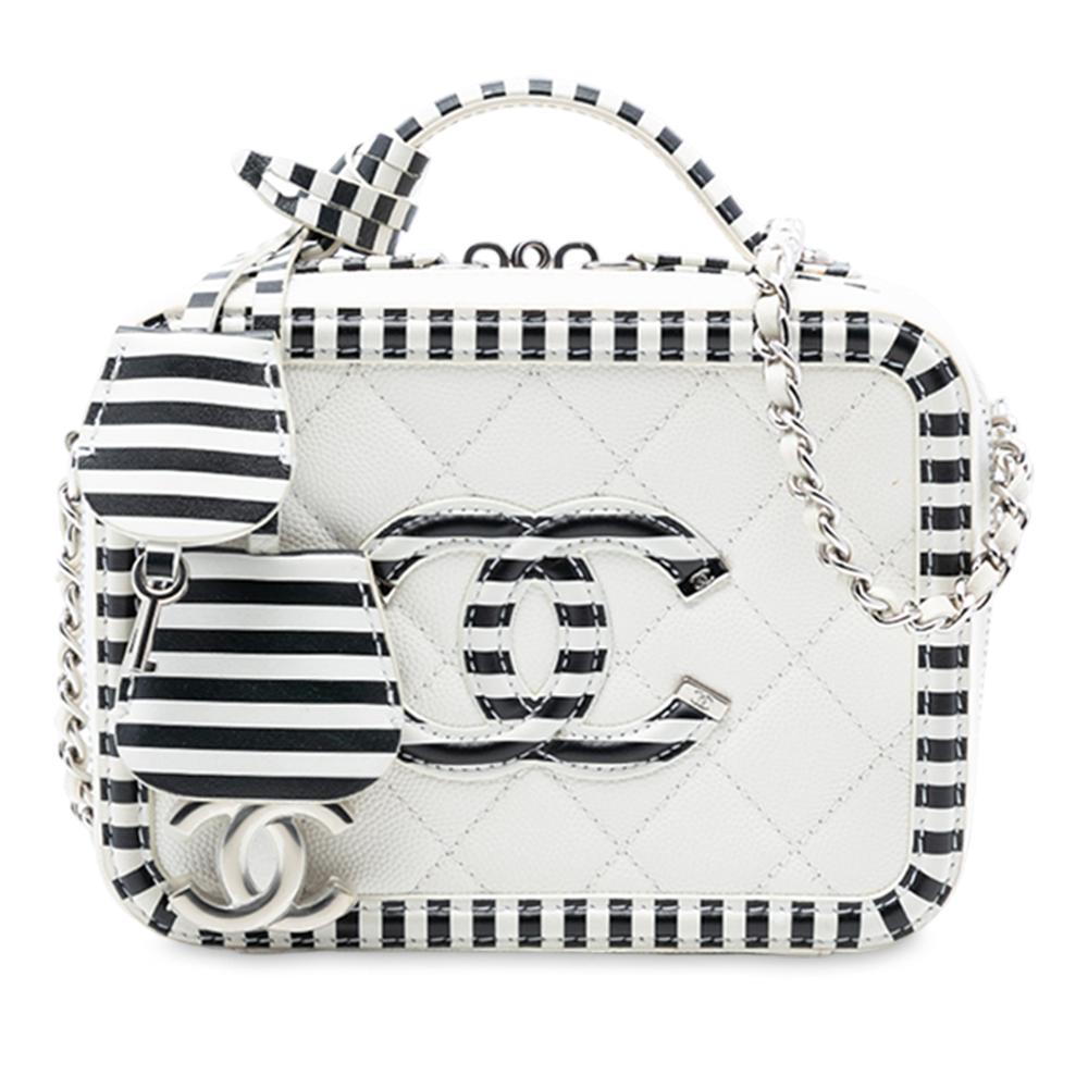 Chanel AB Chanel White Caviar Leather Leather Small Caviar Striped CC Filigree Vanity Case Italy