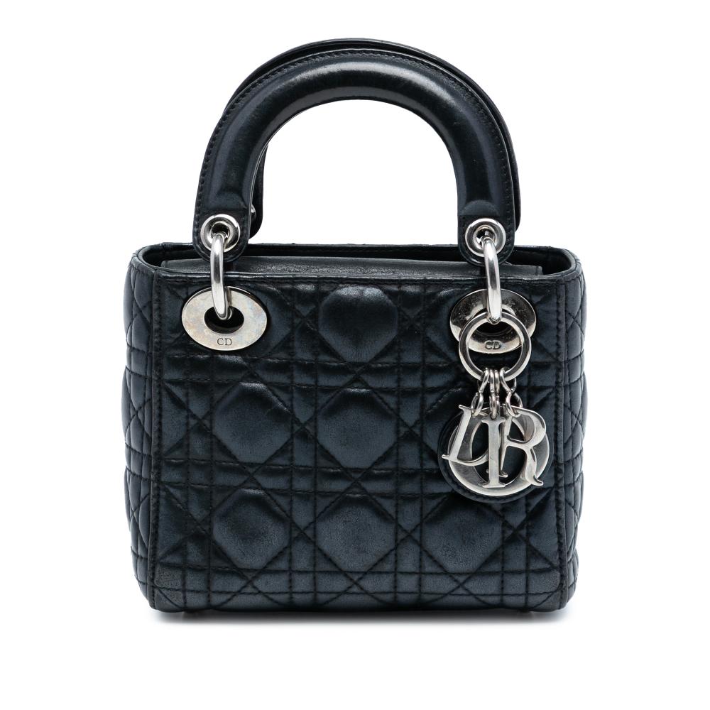 Christian Dior B Dior Black Lambskin Leather Leather Mini Iridescent Lambskin Cannage Lady Dior Italy