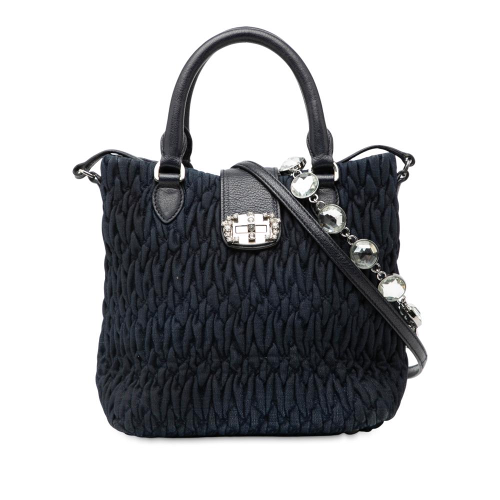 Miu Miu B Miu Miu Blue Navy Denim Fabric Matelasse Crystal Satchel Italy
