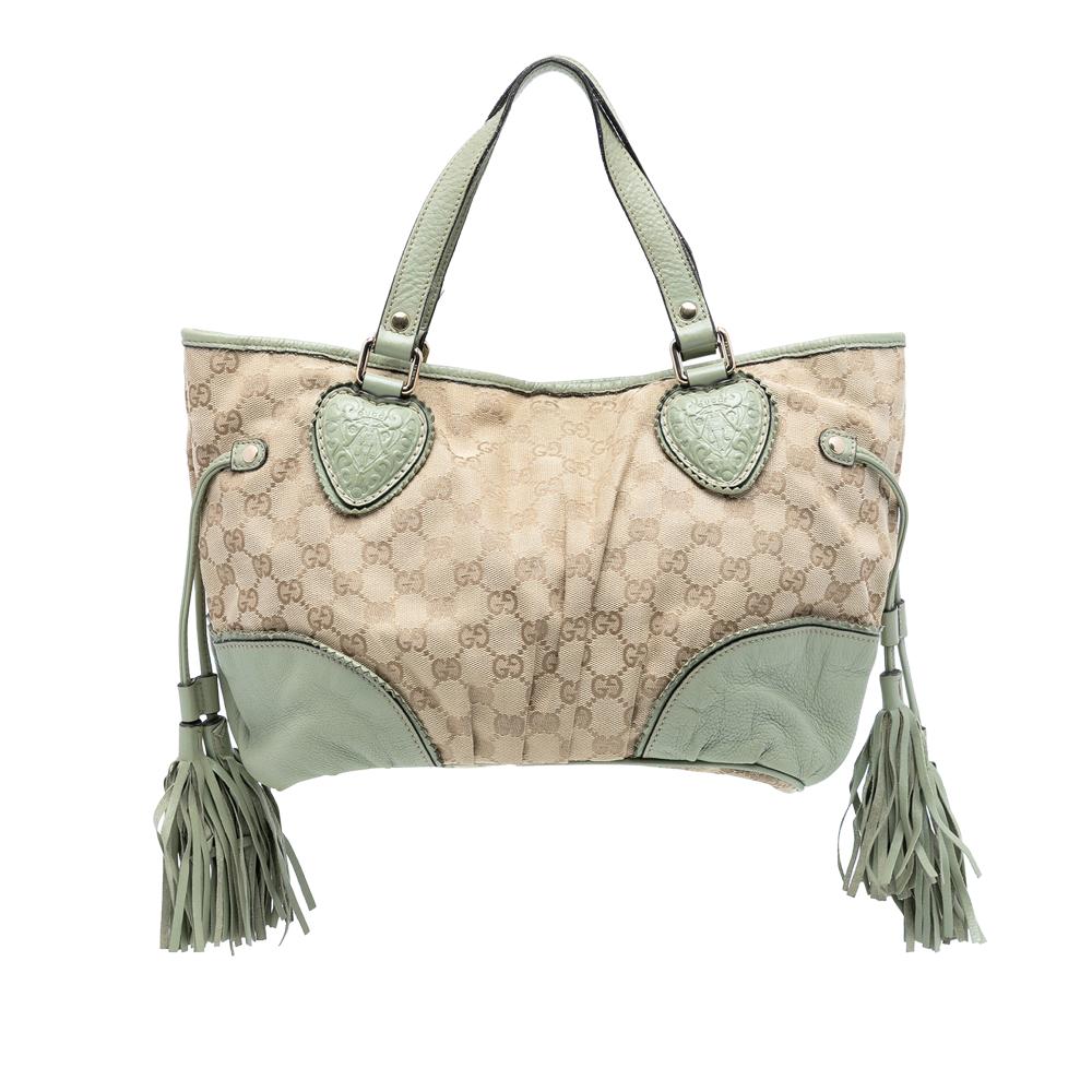 Gucci B Gucci Brown Beige with Green Mint Canvas Fabric Small GG Tribeca Tote Italy