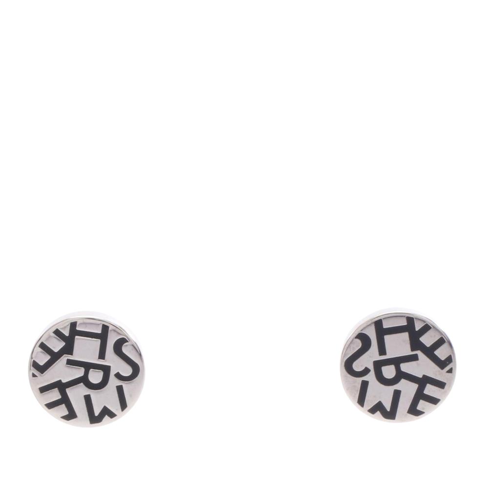 Hermès B Hermès Silver Stainless Steel Metal Logo Round Push Back Earrings France