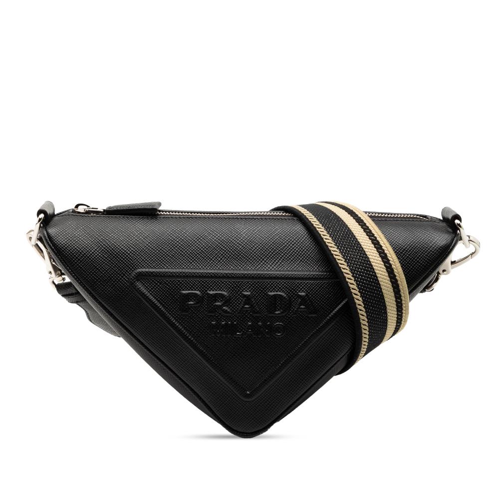 Prada AB Prada Black Saffiano Leather Triangle Logo Crossbody Italy