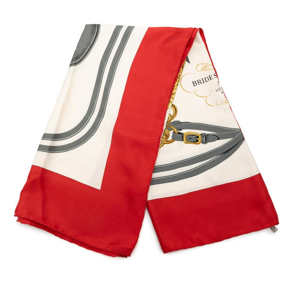 Hermès AB Hermès White Ivory with Red Silk Fabric Brides de Gala Scarf France