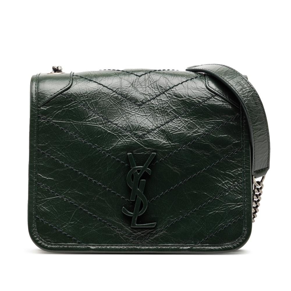 Saint Laurent AB Saint Laurent Green Dark Green Calf Leather Crinkled skin Niki Wallet on Chain Italy