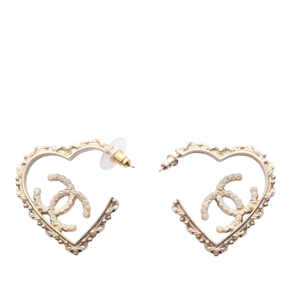 Chanel AB Chanel Gold Gold Plated Metal CC Rhinestones Heart Hoop Earrings France