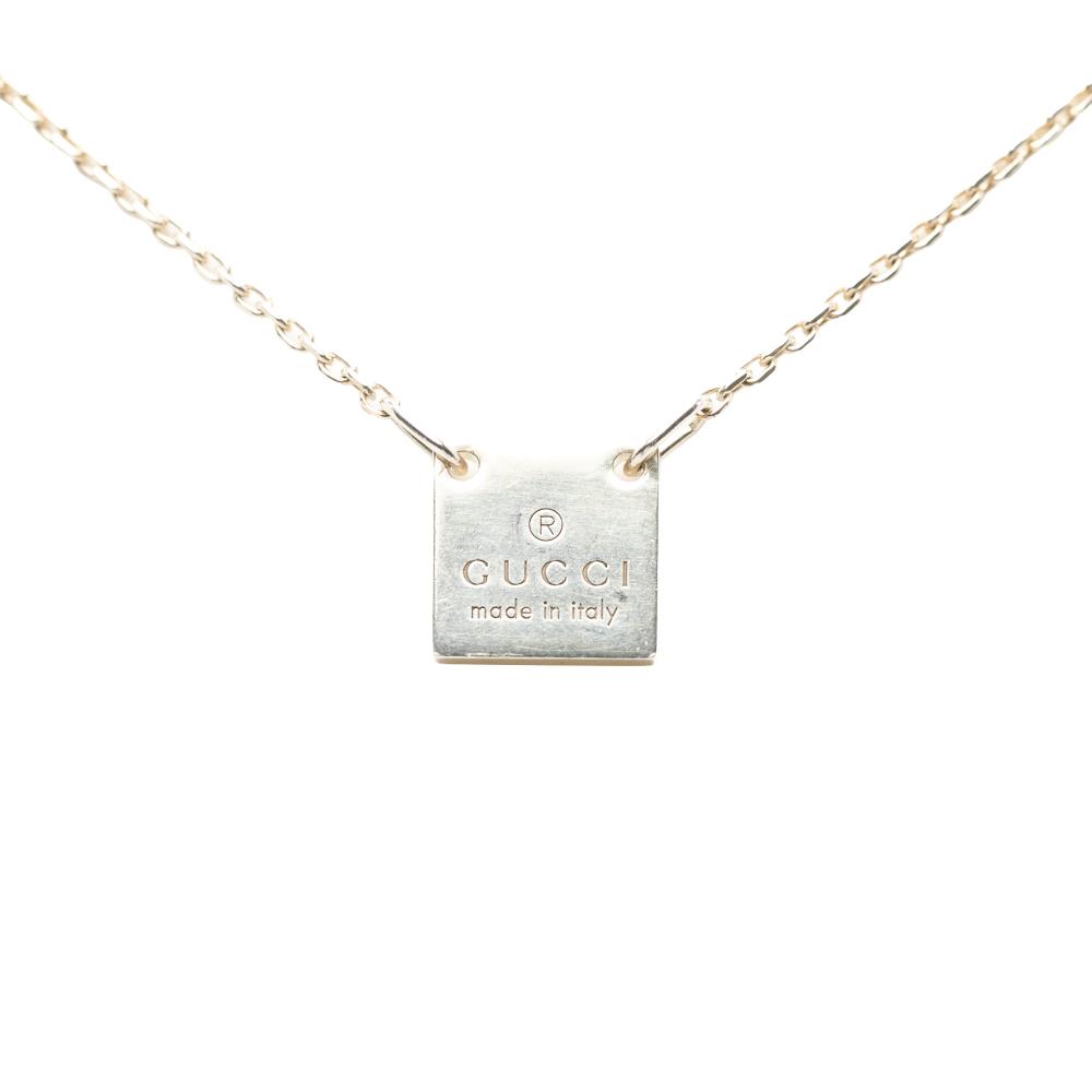 Gucci Silver SV925 / Sterling Silver Metal Sterling Silver Square Plate Logo Pendant Necklace Italy