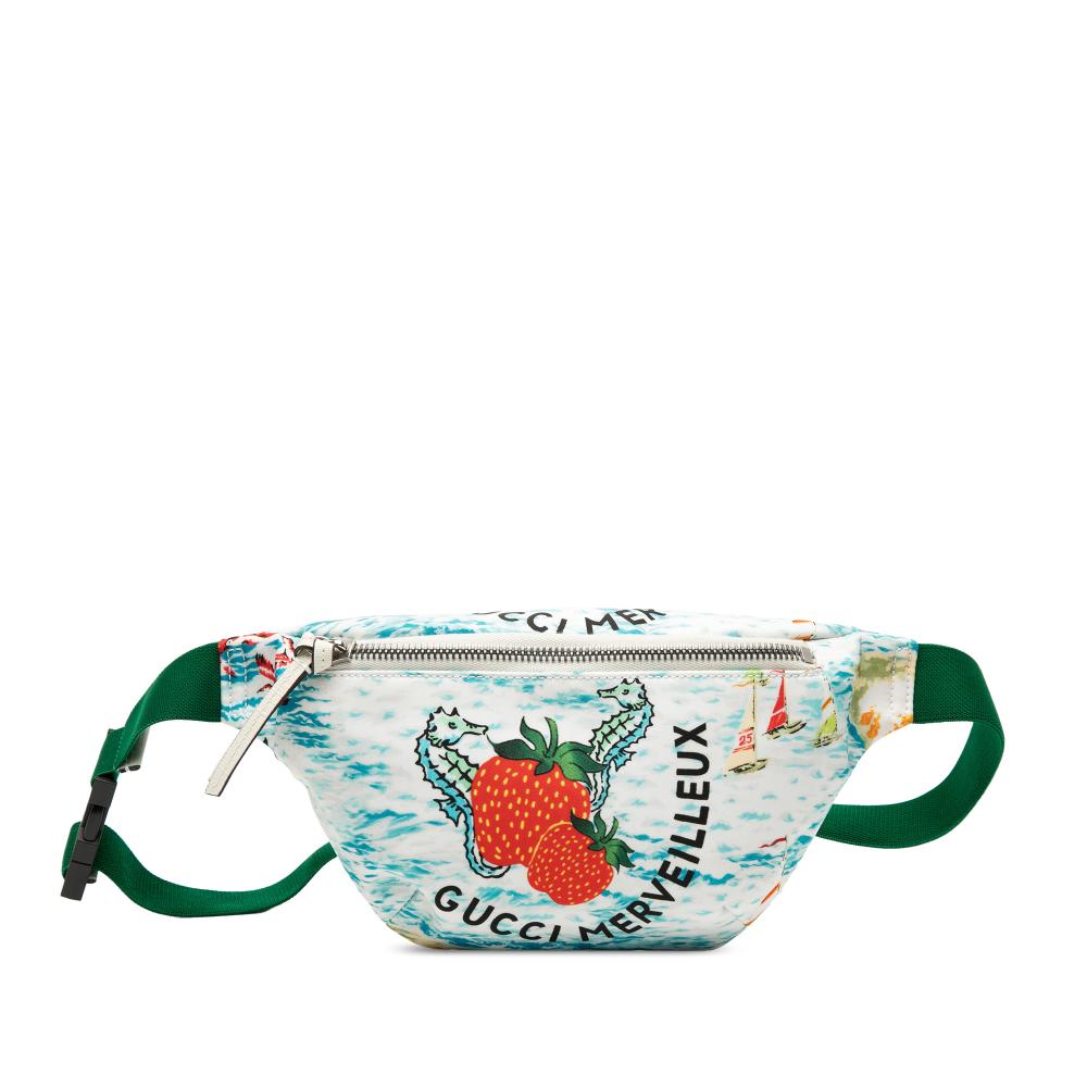 Gucci AB Gucci White with Green Nylon Fabric Merveilleux Strawberry Print Belt Bag Italy