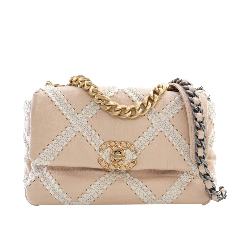 Chanel AB Chanel Brown Beige with White Ivory Calf Leather Medium Crochet skin 19 Flap Italy
