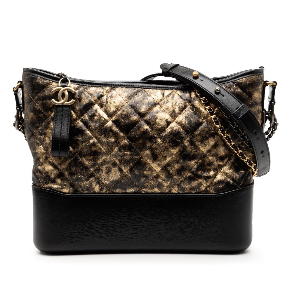 Chanel B Chanel Black with Gold Goatskin Leather Medium Quilted Metallic Crumpled Gabrielle Hobo Italy