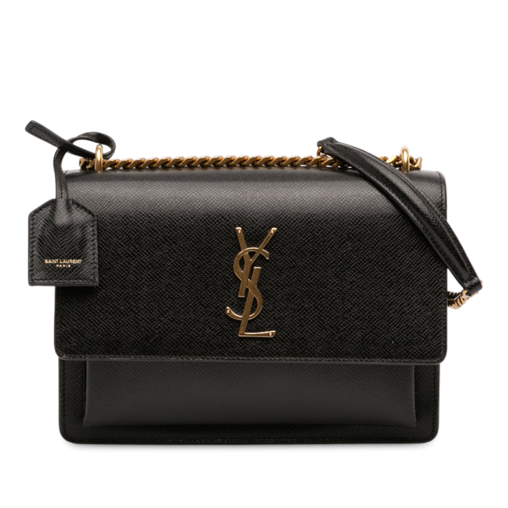Saint Laurent Sunset Grained Calfskin Leather Flap Crossbody Black