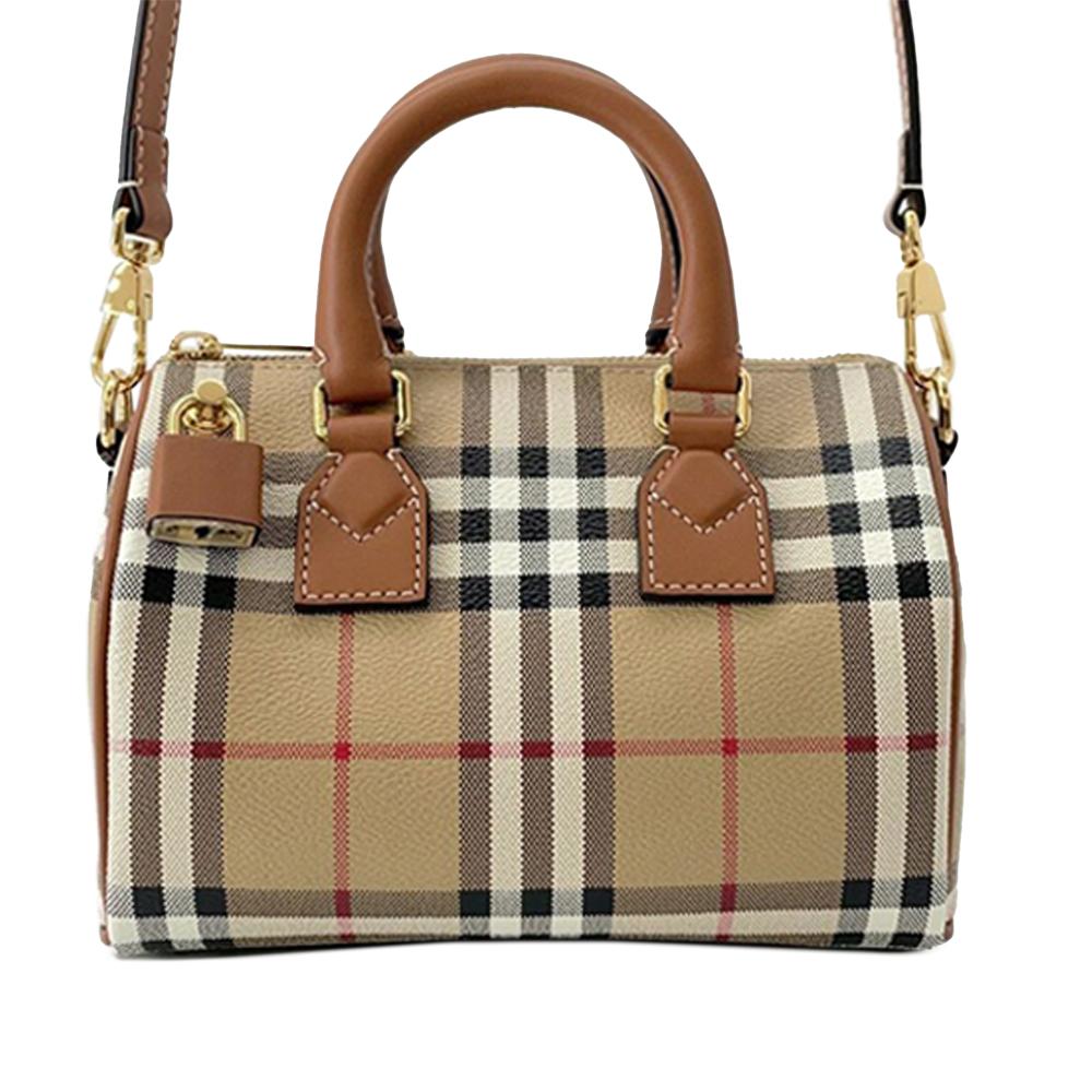 Burberry AB Burberry Brown Light Brown Coated Canvas Fabric Mini House Check Bowling Bag Italy