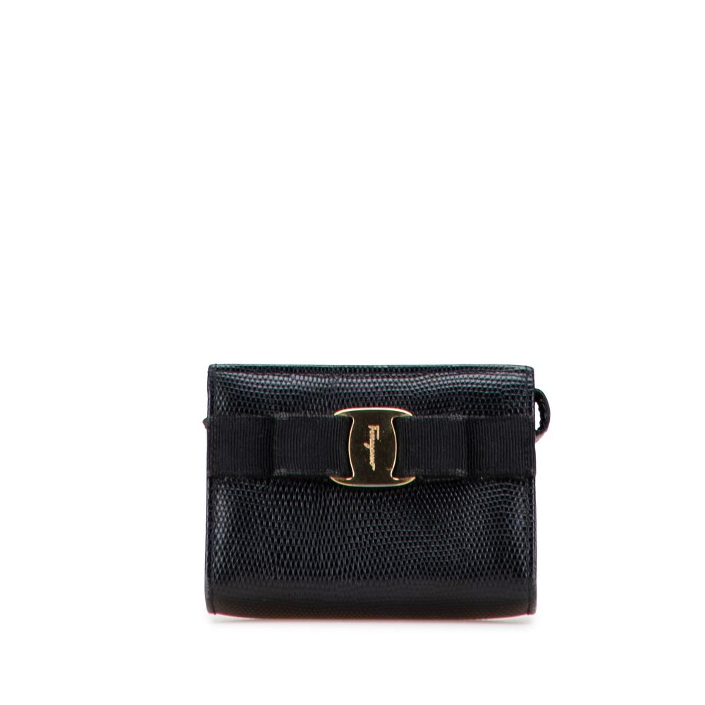 Ferragamo B Ferragamo Black Calf Leather Embossed Lizard Vara Bow Pouch Italy