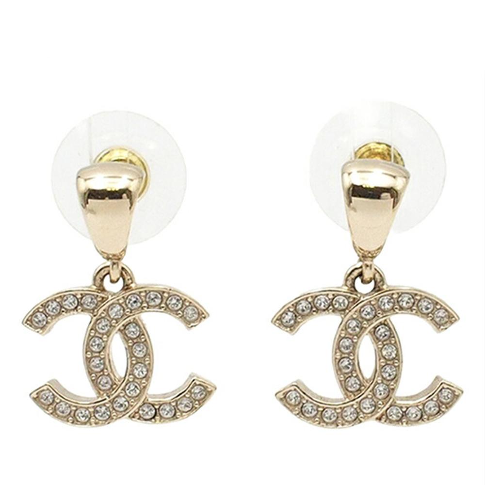 Chanel AB Chanel Silver Silver Plated Metal CC Crystal Drop Push Back Earrings Italy