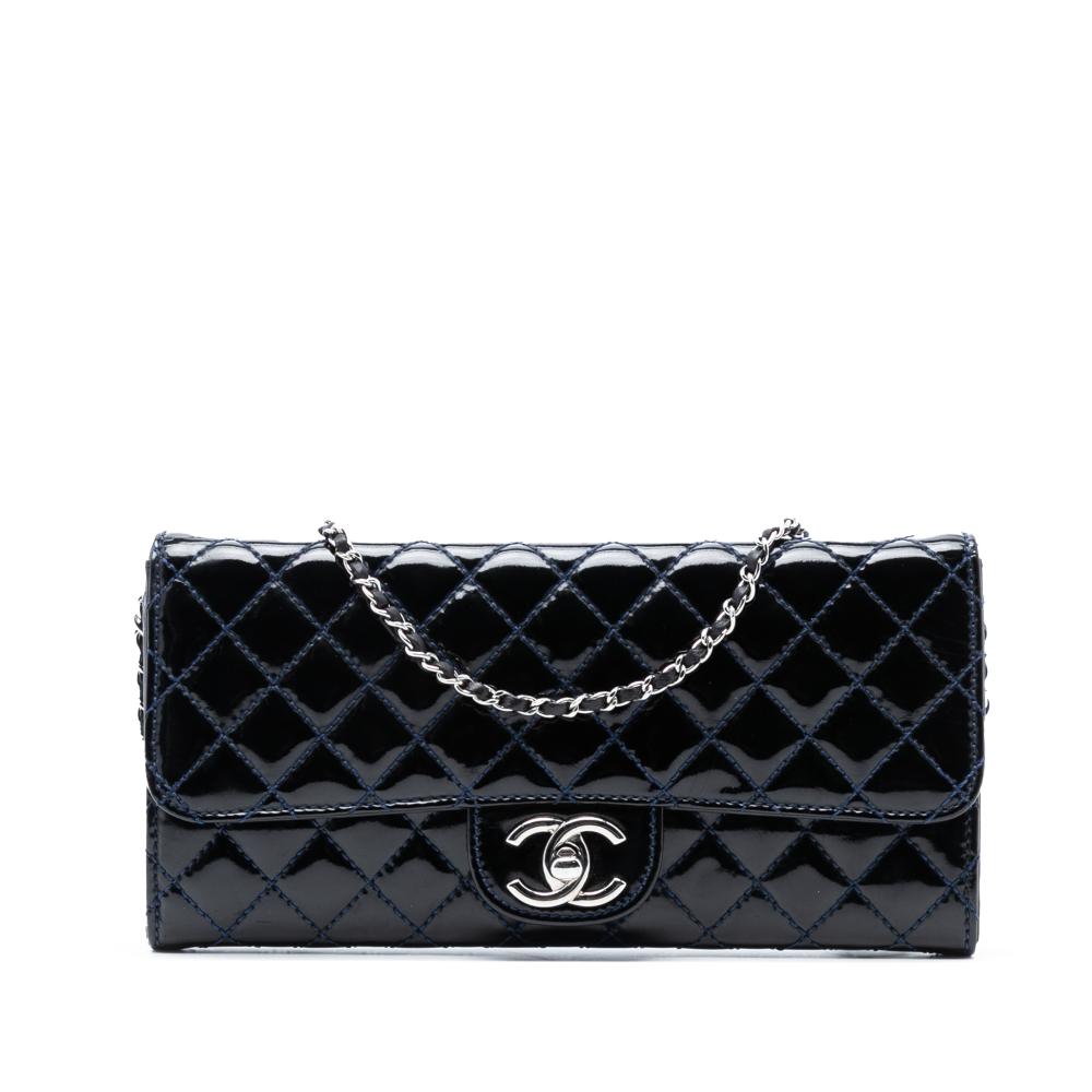 Chanel B Chanel Blue Navy Patent Leather Leather CC Quilted Patent East West Wallet On Chain Italy