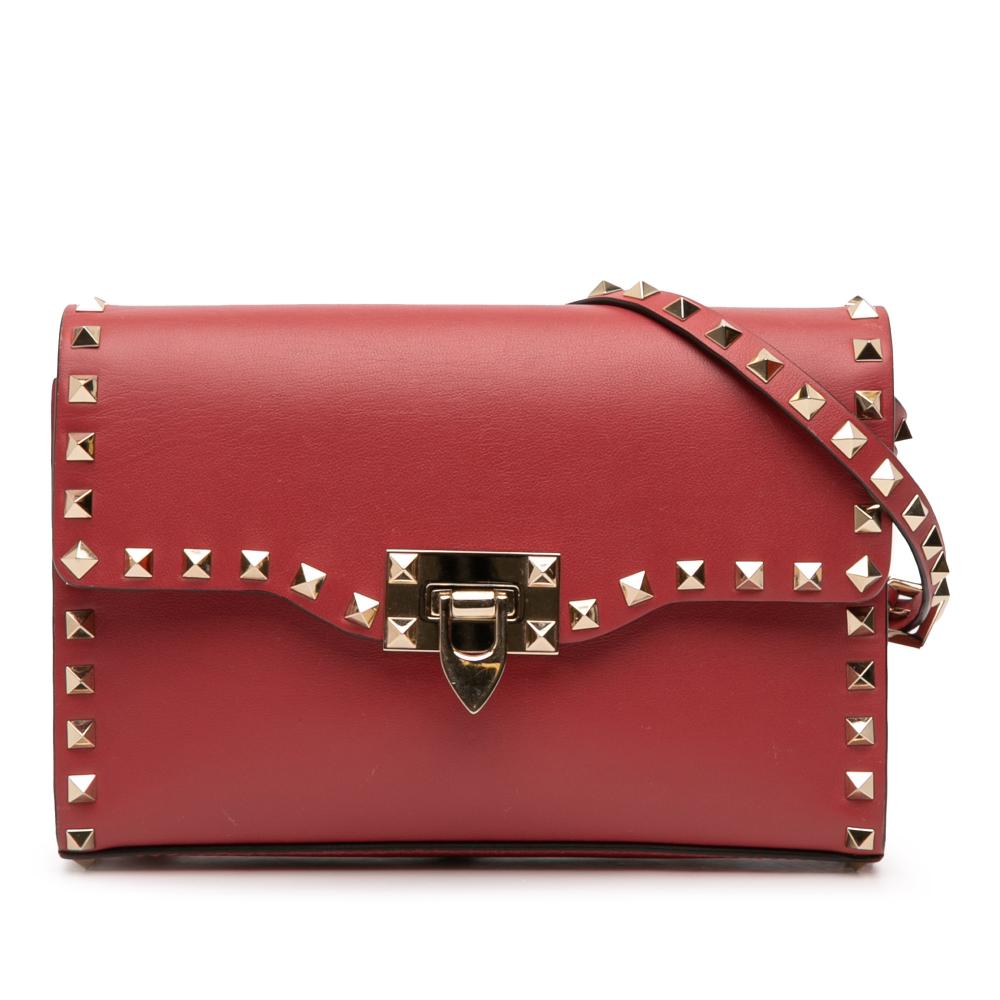 Valentino B Valentino Red Calf Leather Small Rockstud Flap Crossbody Italy