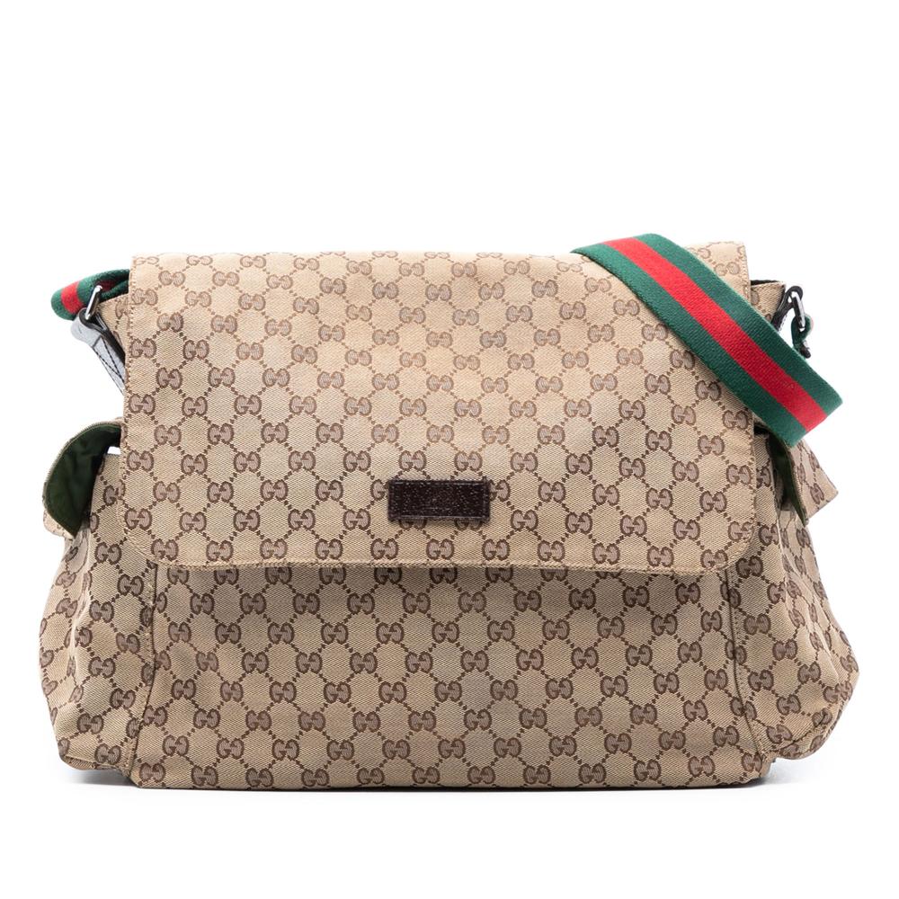 Gucci AB Gucci Brown Beige Canvas Fabric GG Web Flap Diaper Bag Italy