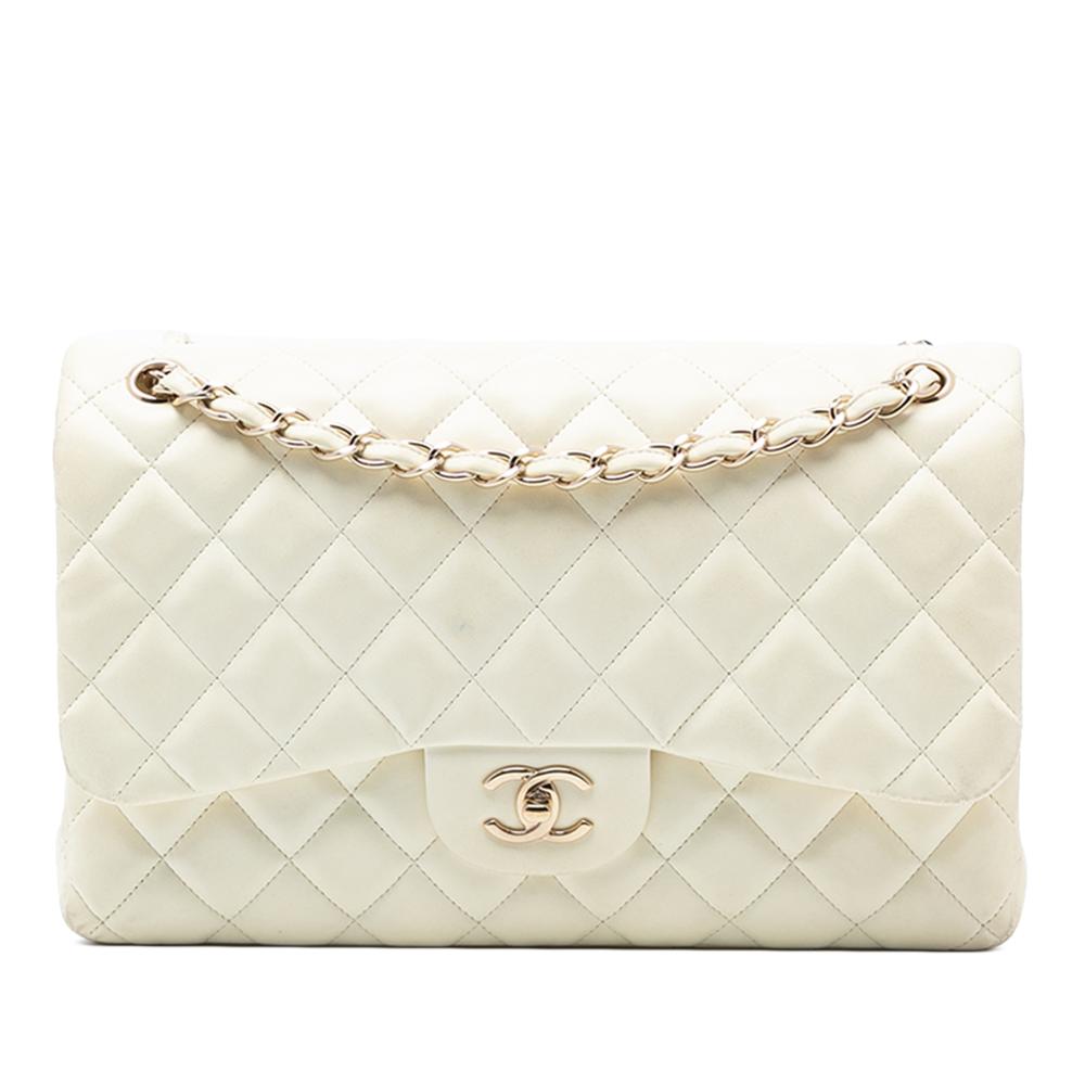 Chanel B Chanel White Ivory Lambskin Leather Leather Jumbo Classic Lambskin Double Flap France