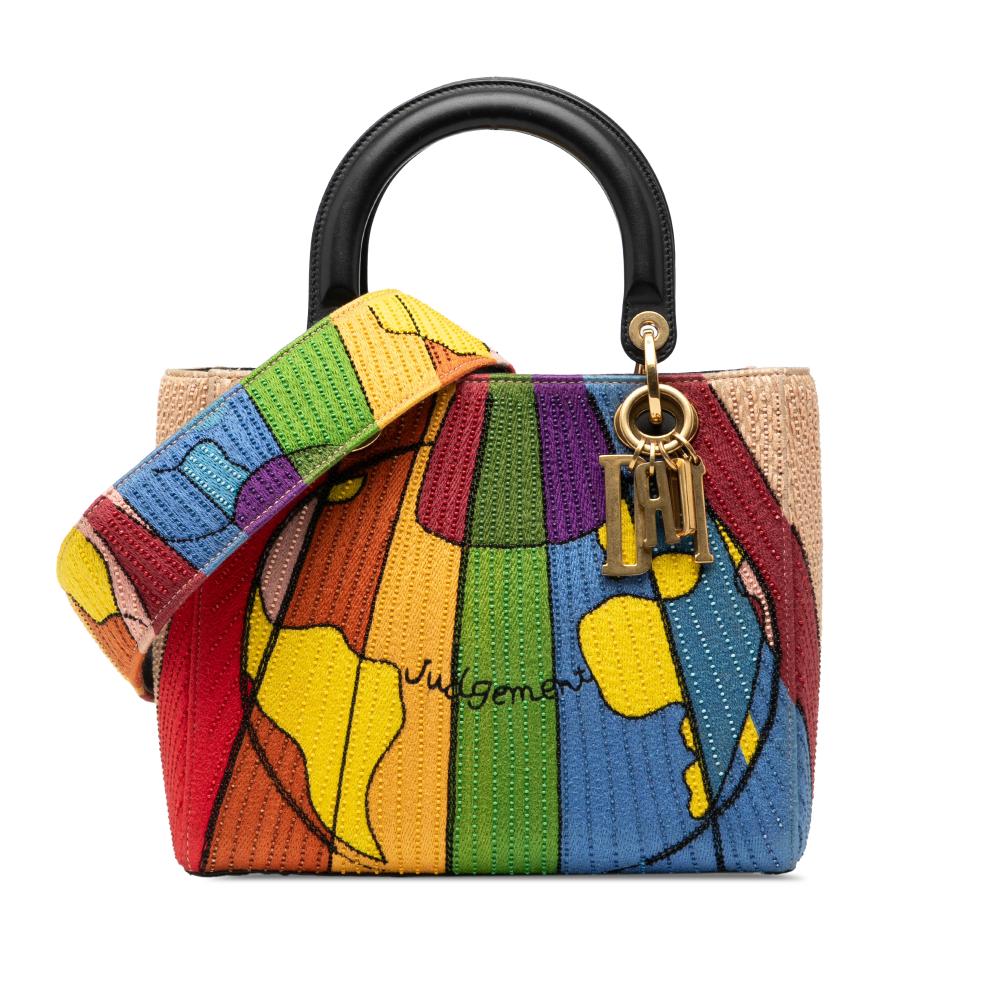 Christian Dior B Dior Brown Beige Canvas Fabric Medium Beaded and Embroidered Tarot Judgment Lady Dior Italy