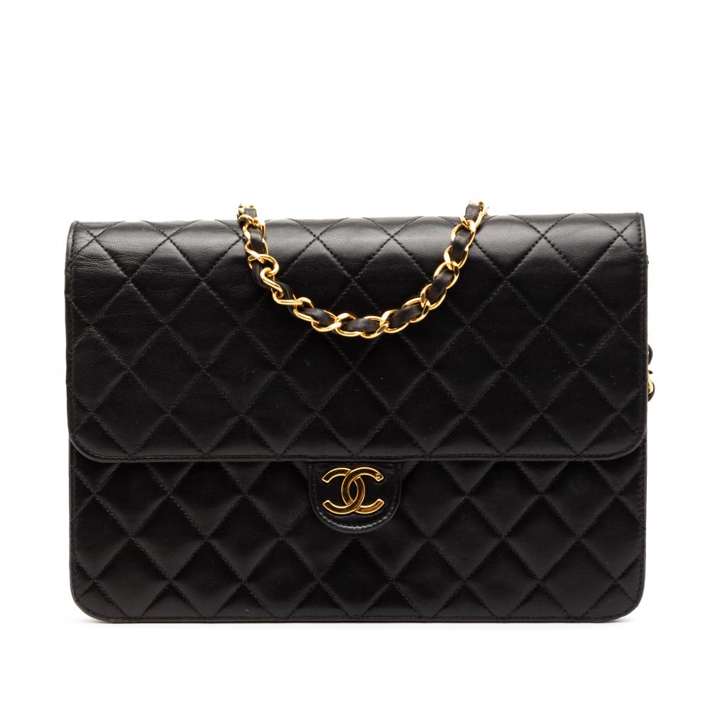 Chanel B Chanel Black Lambskin Leather Leather Medium CC Quilted Lambskin Single Flap France