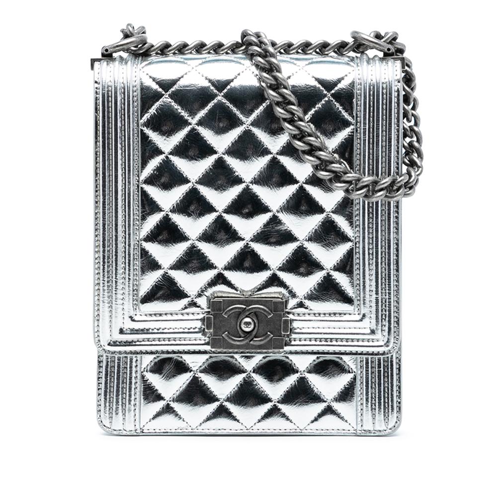 Chanel AB Chanel Silver Calf Leather Quilted Metallic skin North South Boy Flap Italy