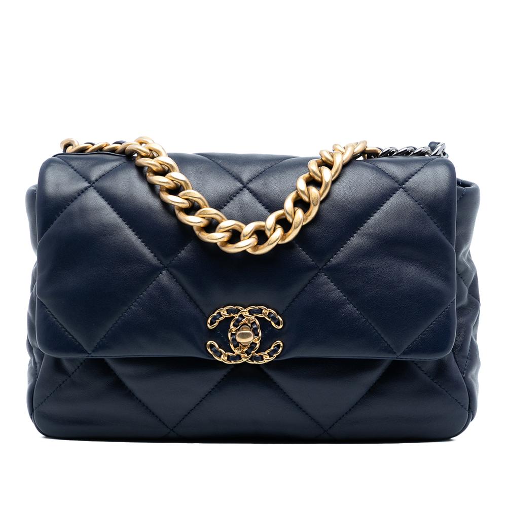 Chanel AB Chanel Blue Navy Lambskin Leather Leather Large Lambskin 19 Flap France