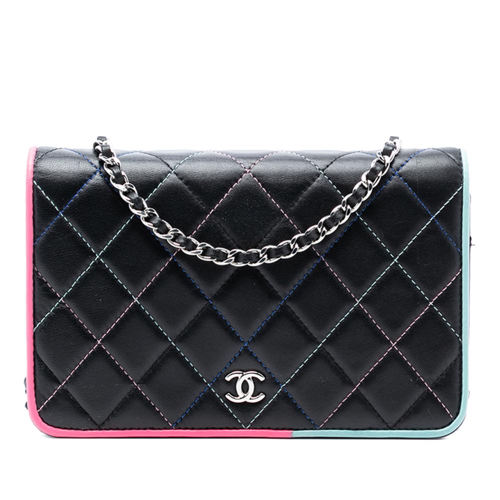 Chanel Black CC Quilted Lambskin Multicolor Border Full Flap Wallet on Chain Italy