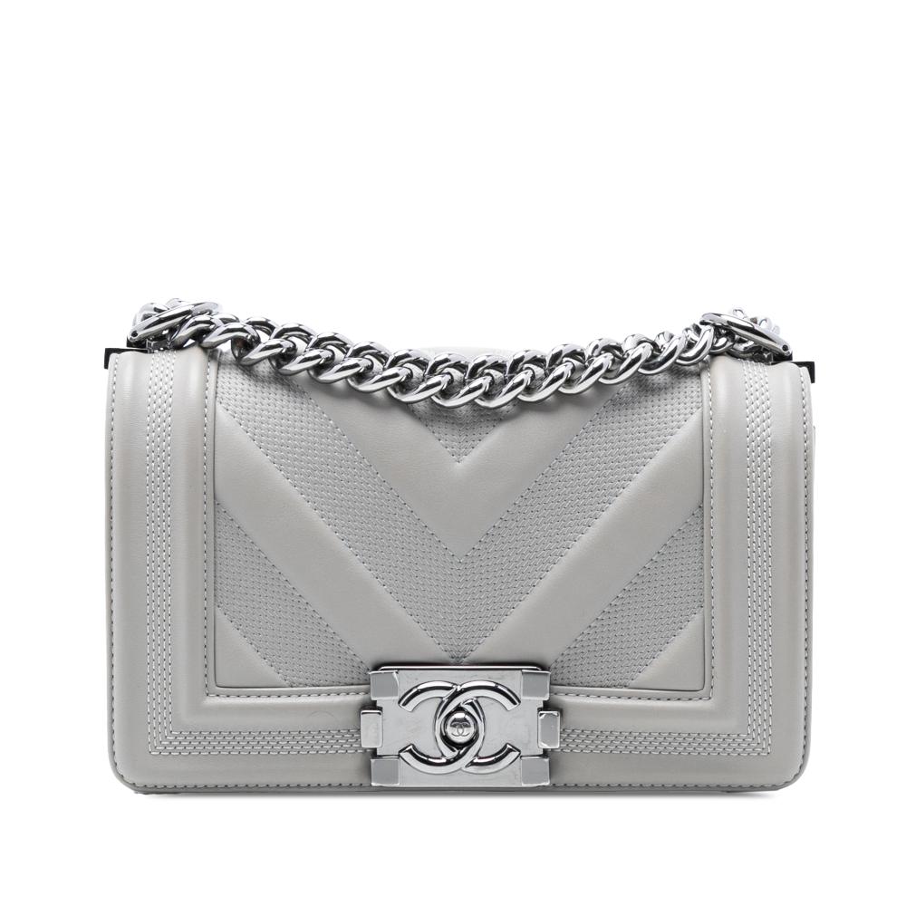 Chanel AB Chanel Gray Calf Leather Small Chevron Stitched skin Boy Flap France