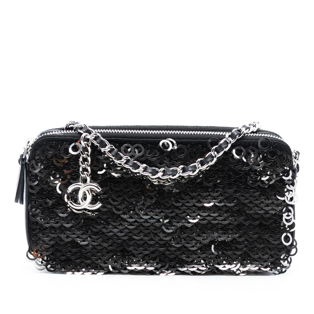 Chanel AB Chanel Black Calf Leather CC skin and Sequin Double Zip Wallet on Chain Italy